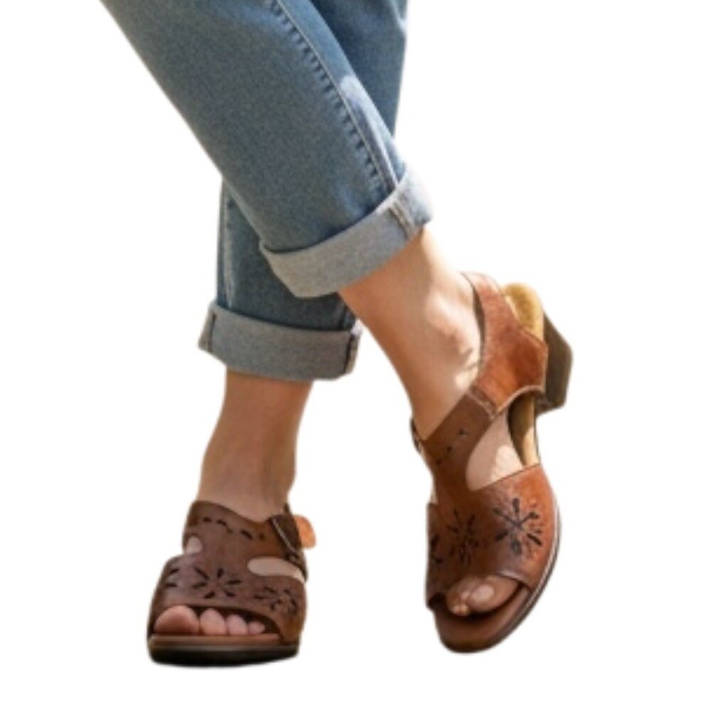 SAS Sunburst Womens Slingback Sandals Chestnut Brown Floral Cutout 9N